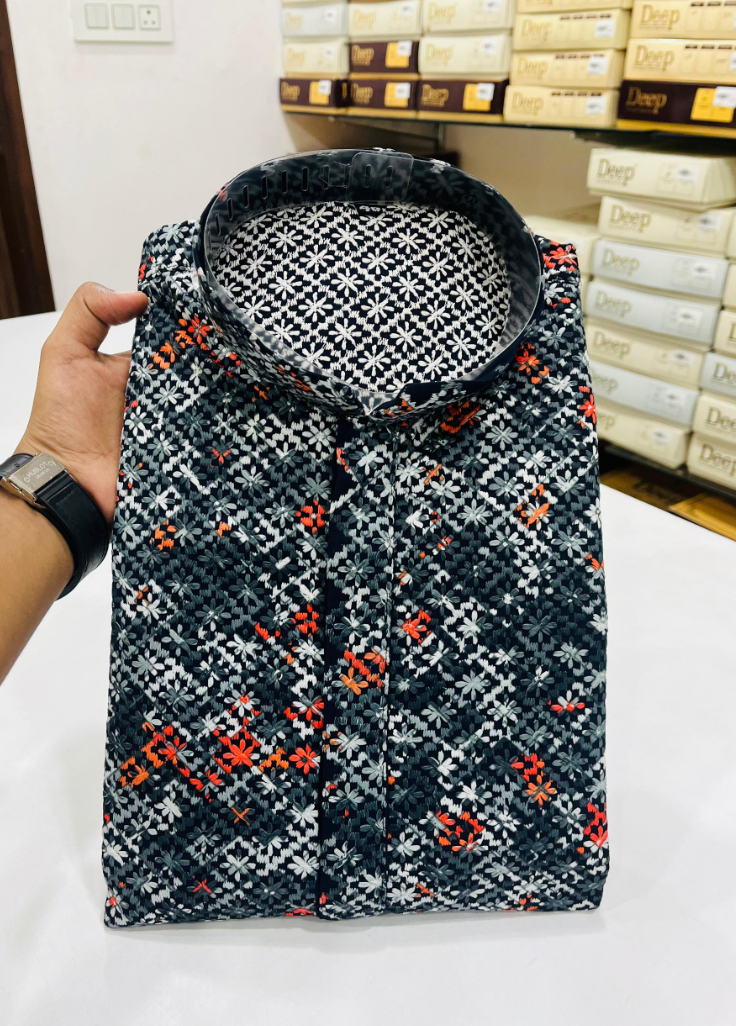 Black & Orange Floral Kashmiri Print Kurta